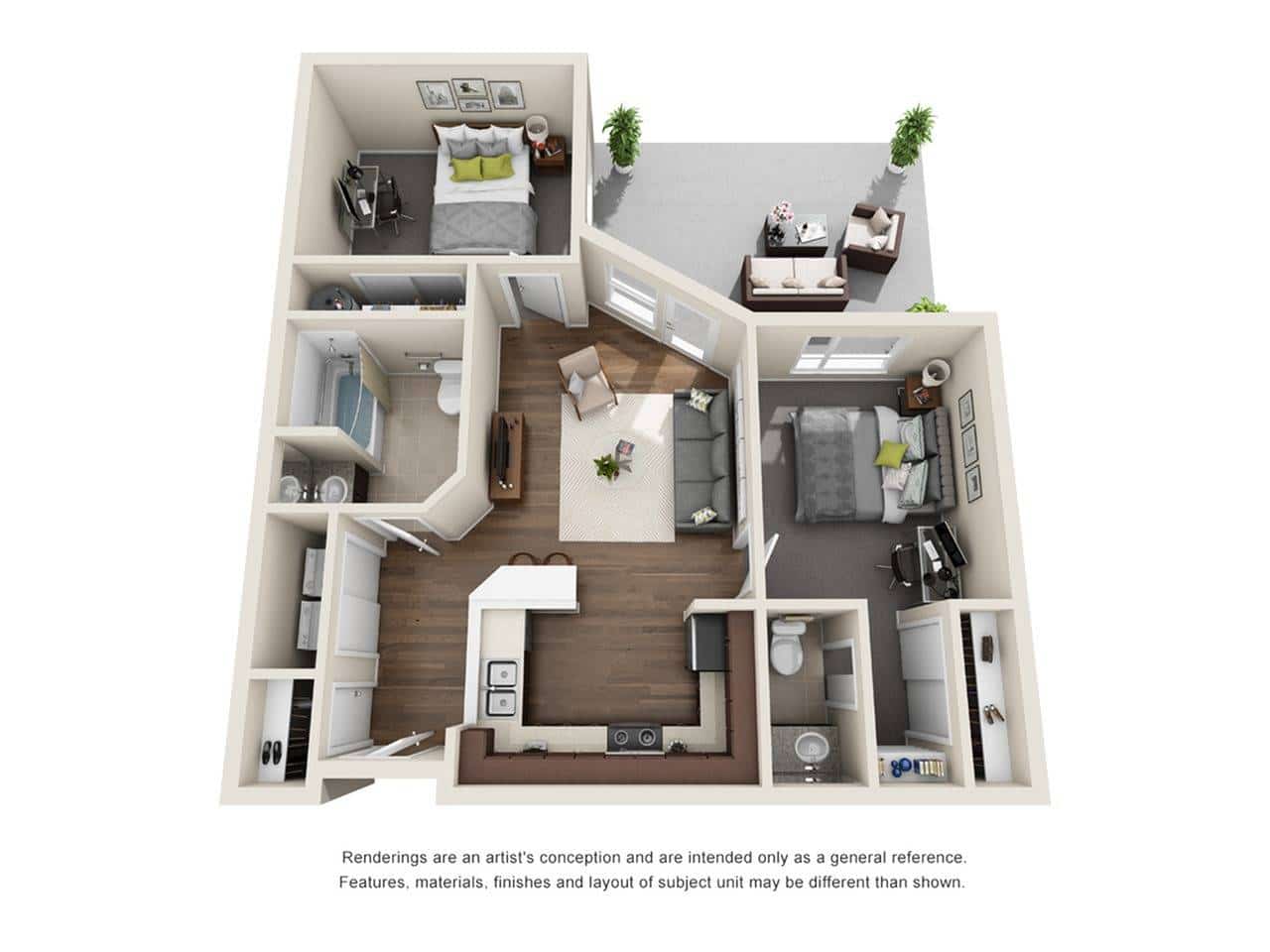 A 3D image of the 2BR/1.5BA – Potter floorplan, a 408 squarefoot, 2 bed / 1.5 bath unit