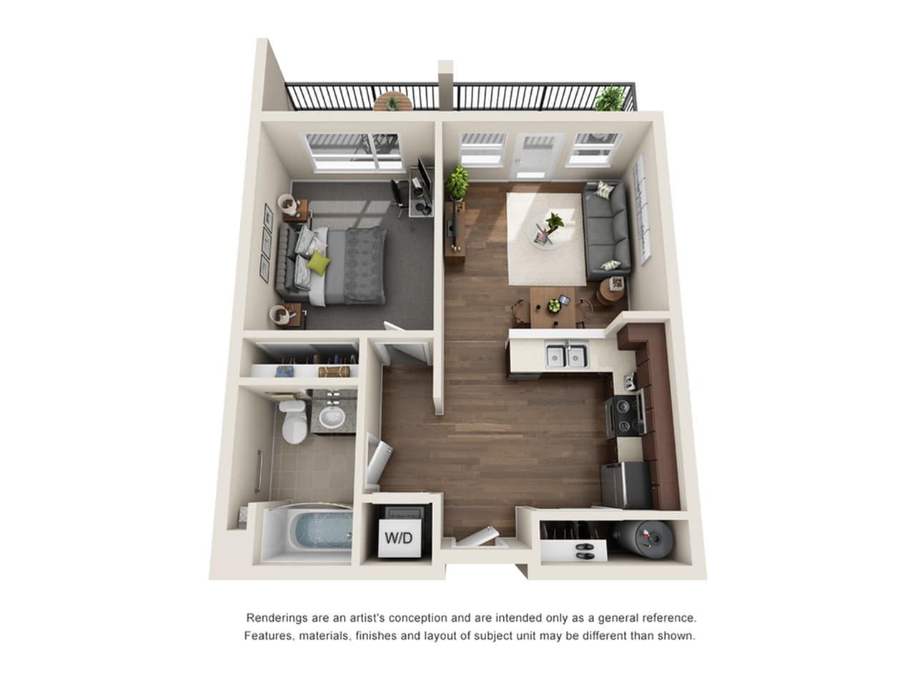 A 3D image of the 1BR/1BA – Agate floorplan, a 575 squarefoot, 1 bed / 1 bath unit