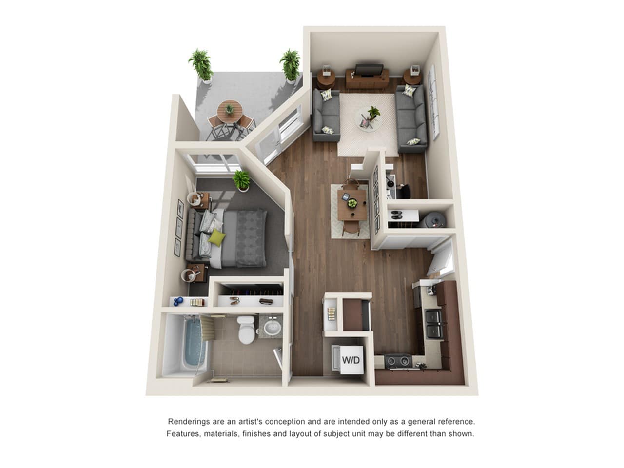 A 3D image of the 1BR/1BA – Broadway floorplan, a 700 squarefoot, 1 bed / 1 bath unit