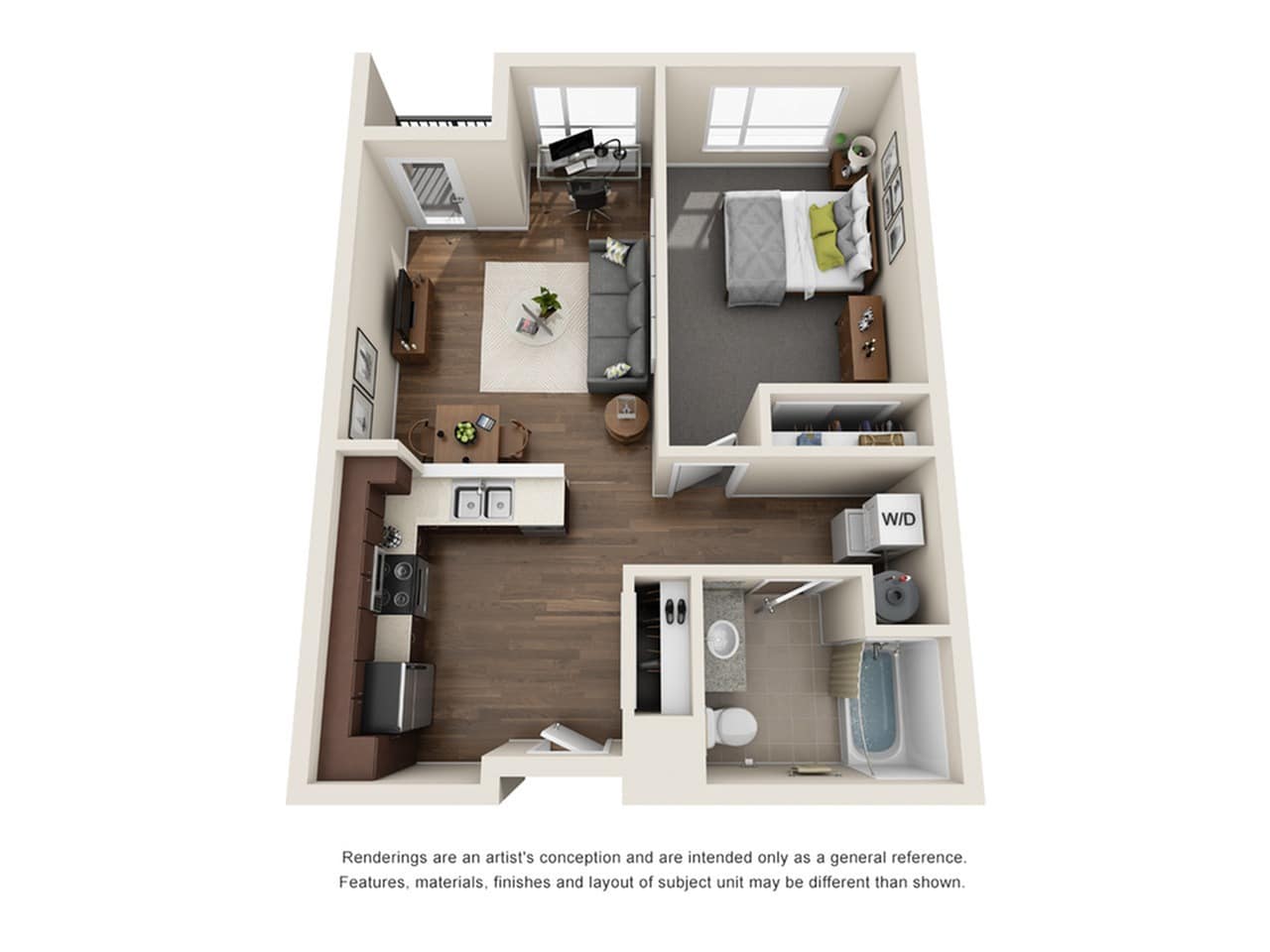 A 3D image of the 1BR/1BA – Cheshire floorplan, a 660 squarefoot, 1 bed / 1 bath unit