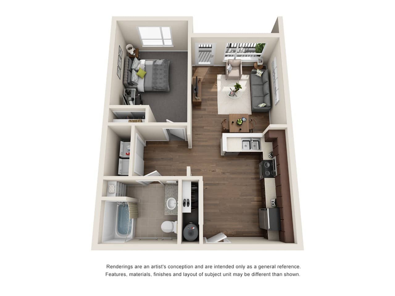 A 3D image of the 1BR/1BA – Monroe floorplan, a 665 squarefoot, 1 bed / 1 bath unit