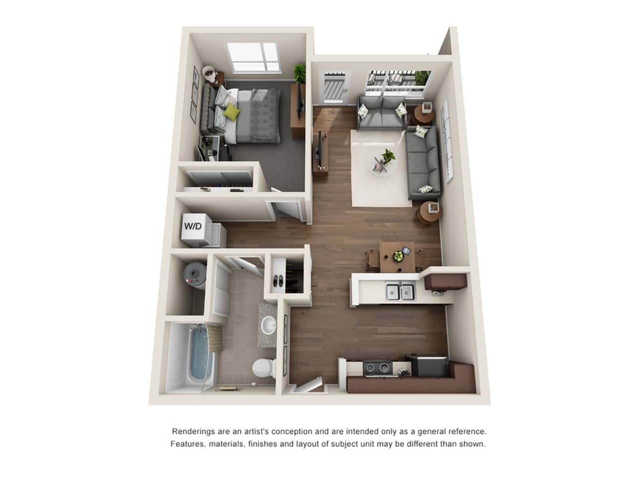 A 3D image of the 1BR/1BA – Olive floorplan, a 665 squarefoot, 1 bed / 1 bath unit