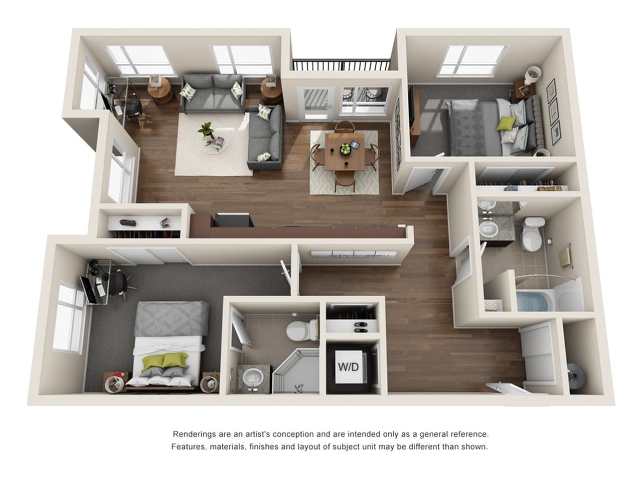 A 3D image of the 2BR/2BA – Charnelton floorplan, a 980 squarefoot, 2 bed / 2 bath unit