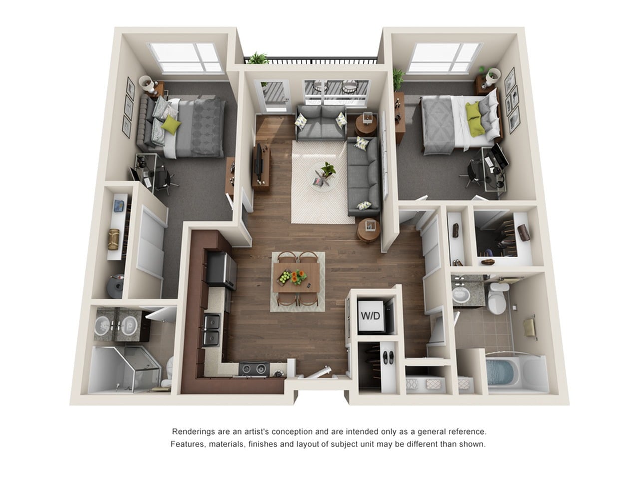 A 3D image of the 2BR/2BA – Friendly floorplan, a 495 squarefoot, 2 bed / 2 bath unit