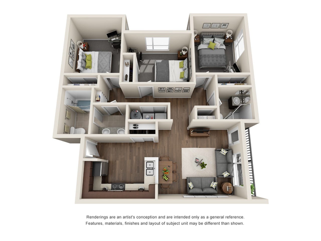 A 3D image of the 3BR/2BA – Amazon floorplan, a 1080 squarefoot, 3 bed / 2 bath unit