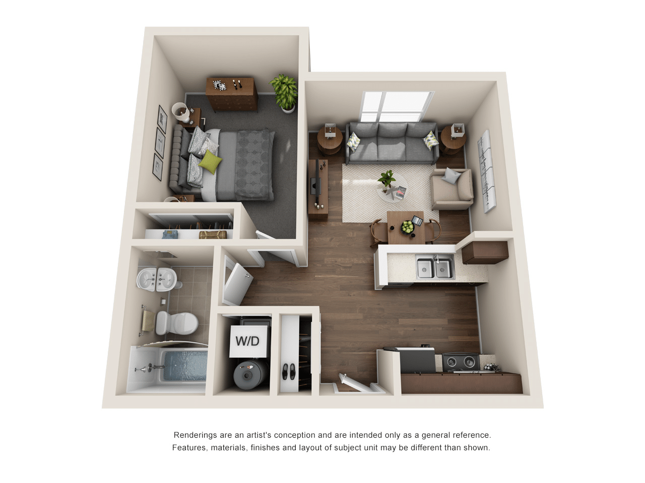 A 3D image of the 1BR/1BA – Ferry floorplan, a 540 squarefoot, 1 bed / 1 bath unit