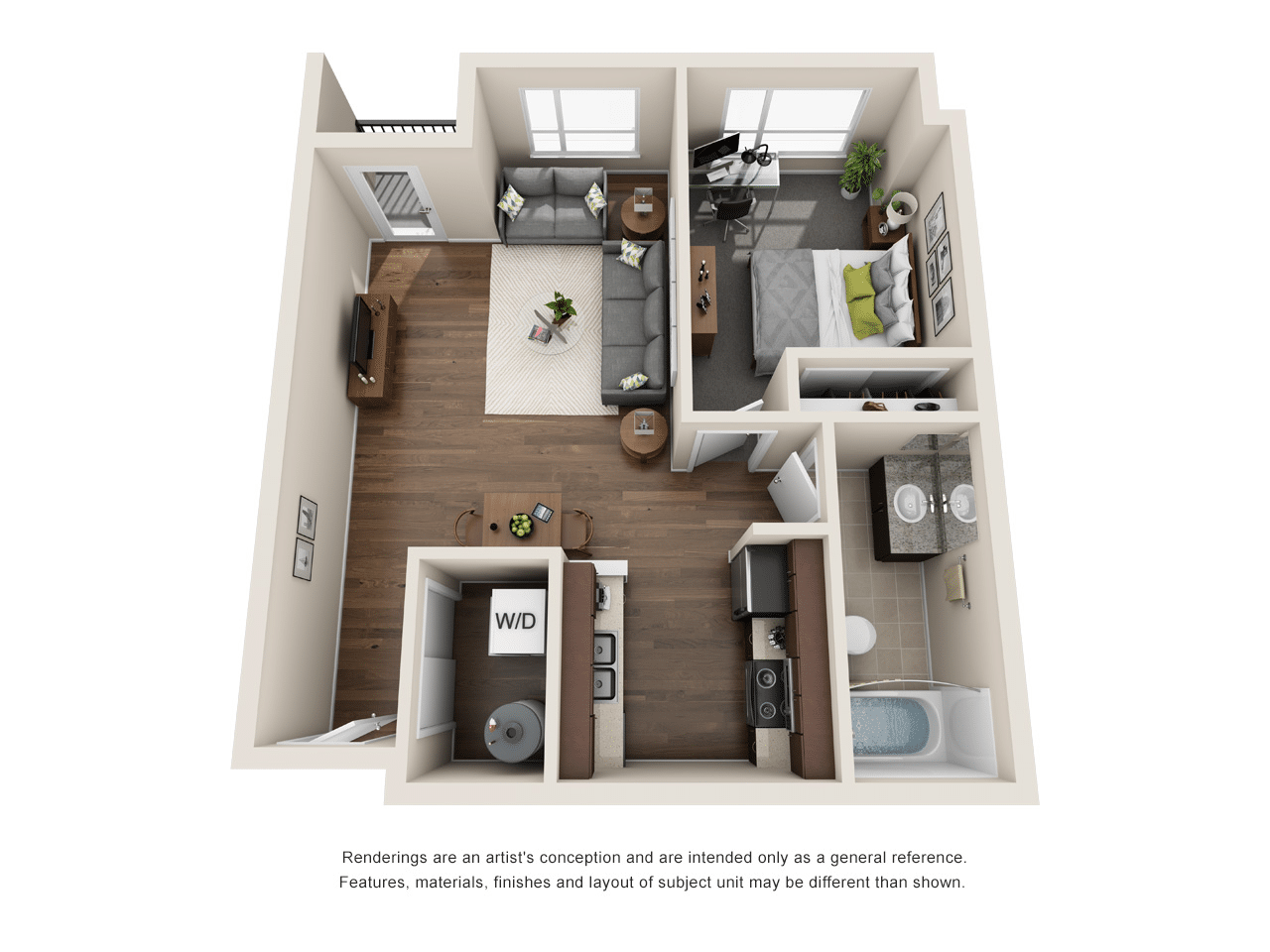 A 3D image of the 1BR/1BA – Orchard floorplan, a 670 squarefoot, 1 bed / 1 bath unit