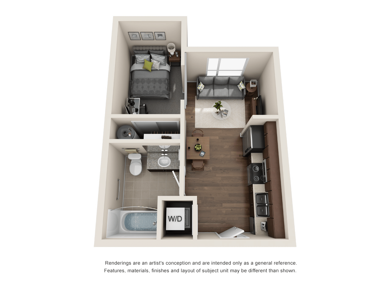 A 3D image of the 1BR/1BA – Walnut floorplan, a 400 squarefoot, 1 bed / 1 bath unit