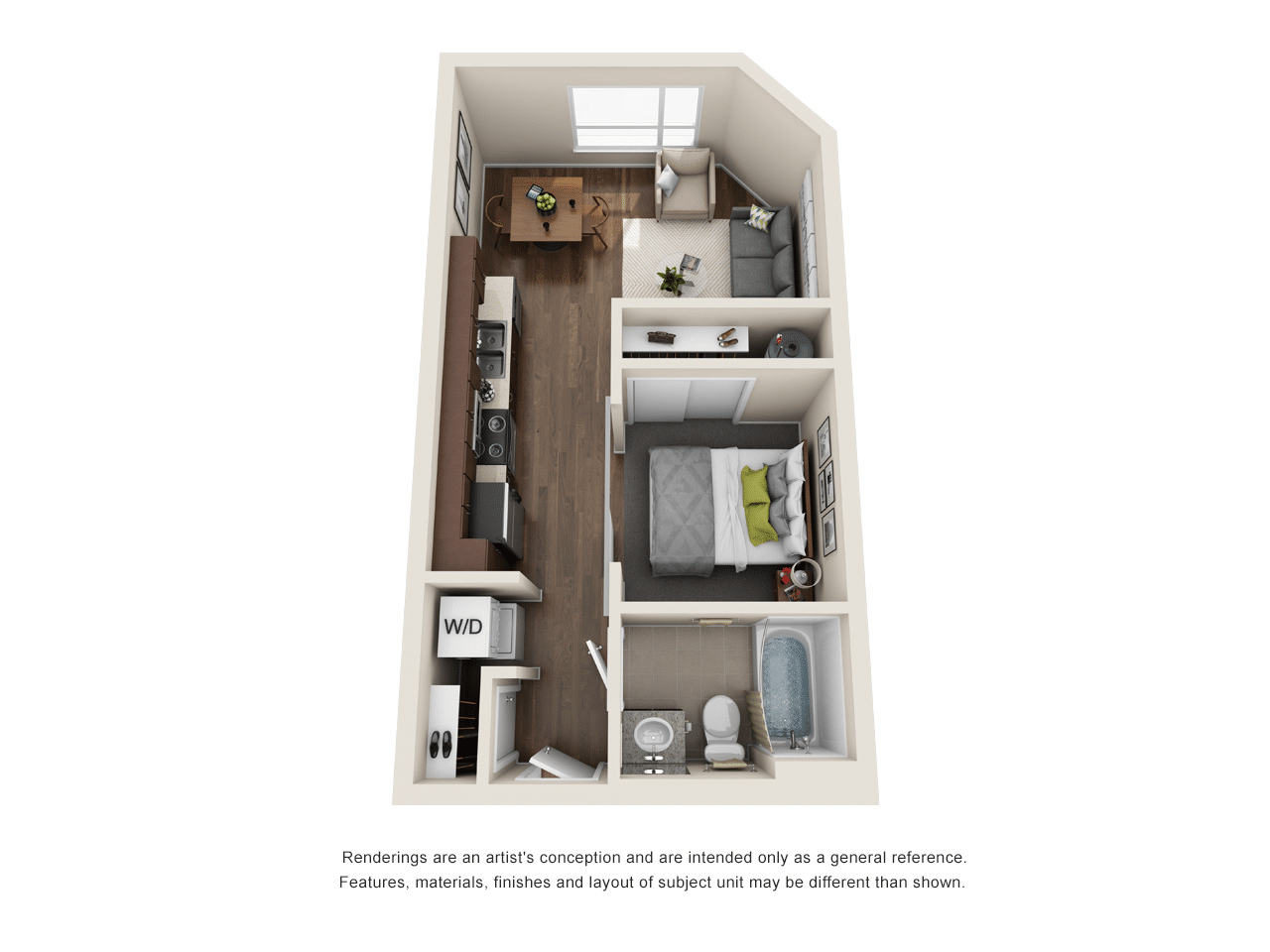 A 3D image of the 1BR/1BA – Willamette floorplan, a 460 squarefoot, 1 bed / 1 bath unit