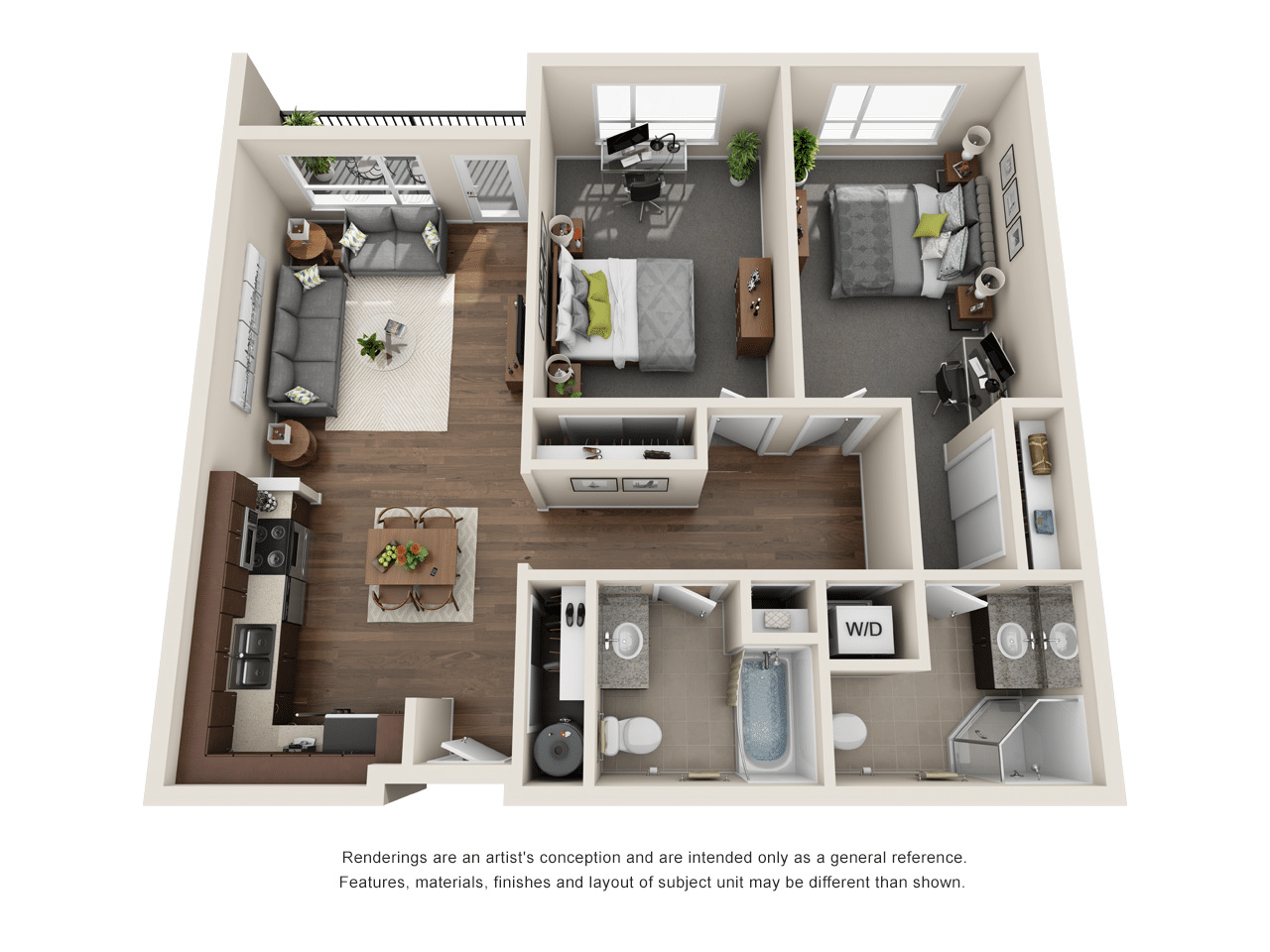 A 3D image of the 2BR/2BA – Onyx floorplan, a 495 squarefoot, 2 bed / 2 bath unit