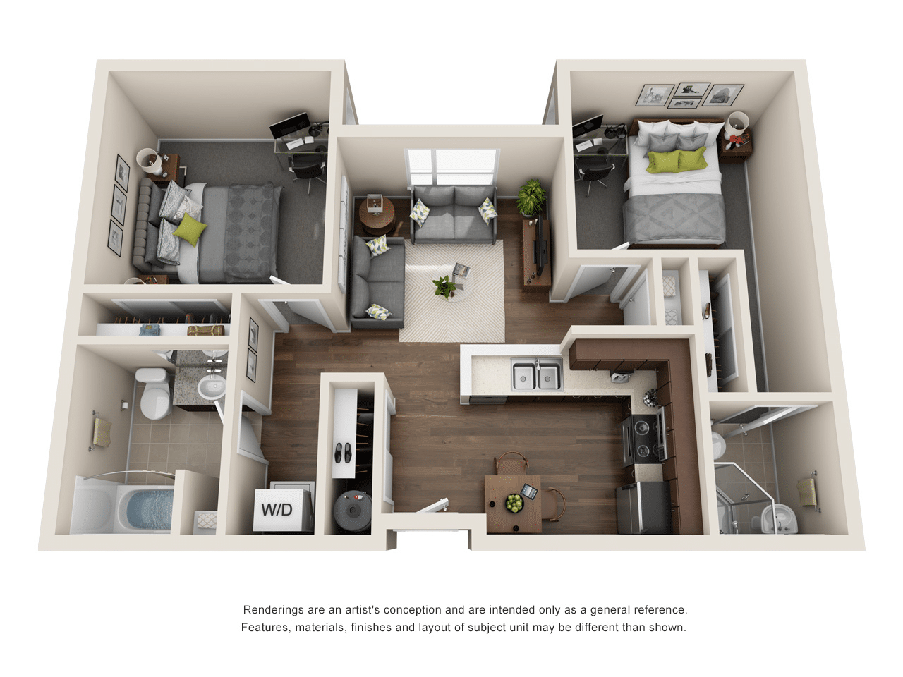 A 3D image of the 2BR/2BA – Pearl floorplan, a 413 squarefoot, 2 bed / 2 bath unit