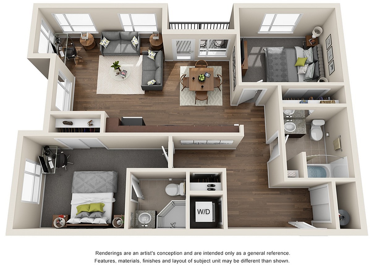 A 3D image of the 2BR/2BA – Charnelton floorplan, a 980 squarefoot, 2 bed / 2 bath unit