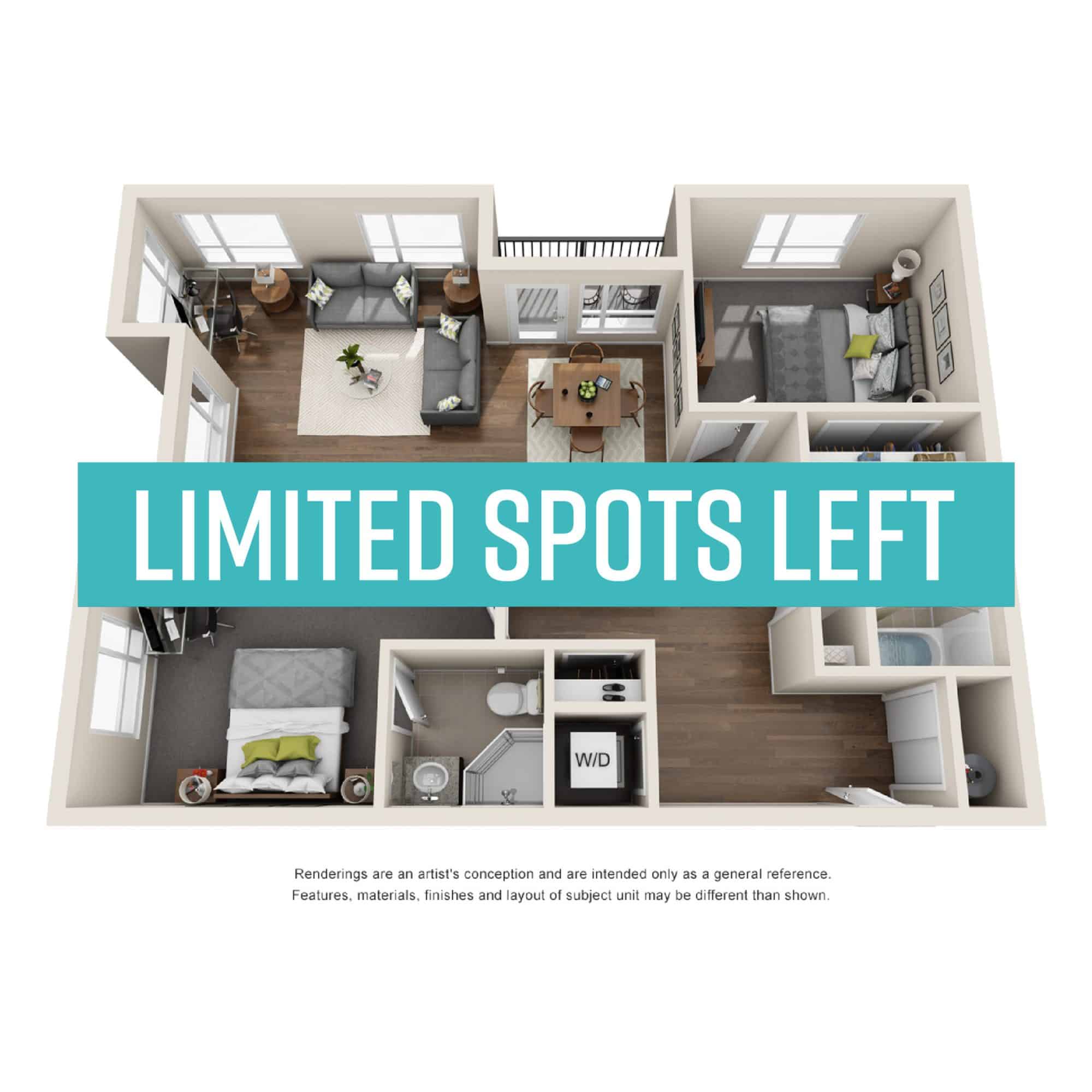 A 3D image of the 2BR/2BA – Charnelton floorplan, a 980 squarefoot, 2 bed / 2 bath unit