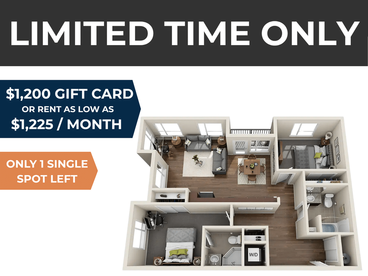 A 3D image of the 2BR/2BA – Charnelton floorplan, a 980 squarefoot, 2 bed / 2 bath unit
