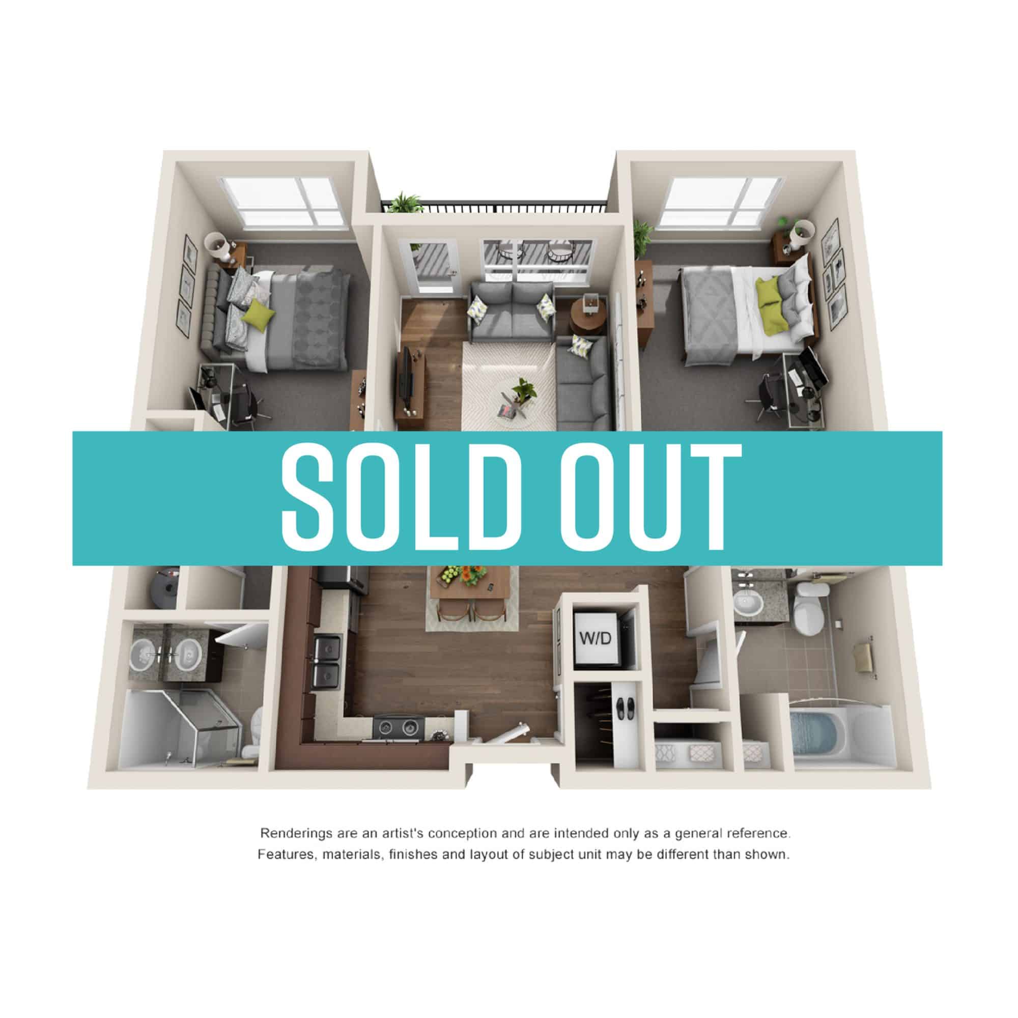 A 3D image of the 2BR/2BA – Friendly floorplan, a 495 squarefoot, 2 bed / 2 bath unit