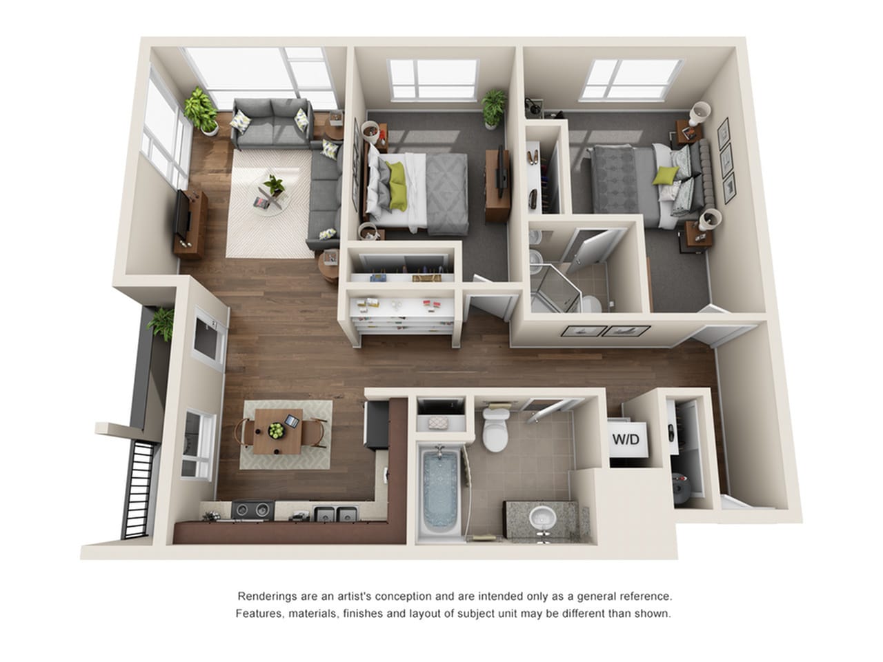 A 3D image of the 2BR/2BA – Emerald floorplan, a 515 squarefoot, 2 bed / 2 bath unit