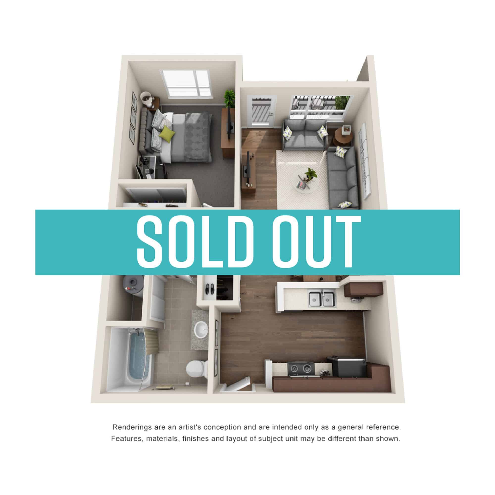 A 3D image of the 1BR/1BA – Olive floorplan, a 665 squarefoot, 1 bed / 1 bath unit