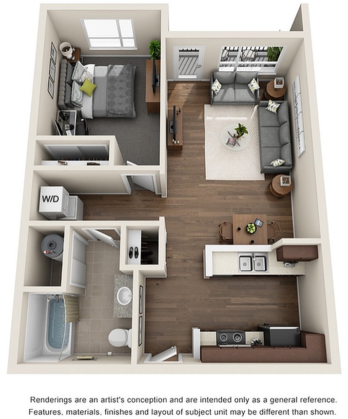 A 3D image of the 1BR/1BA – Olive floorplan, a 665 squarefoot, 1 bed / 1 bath unit