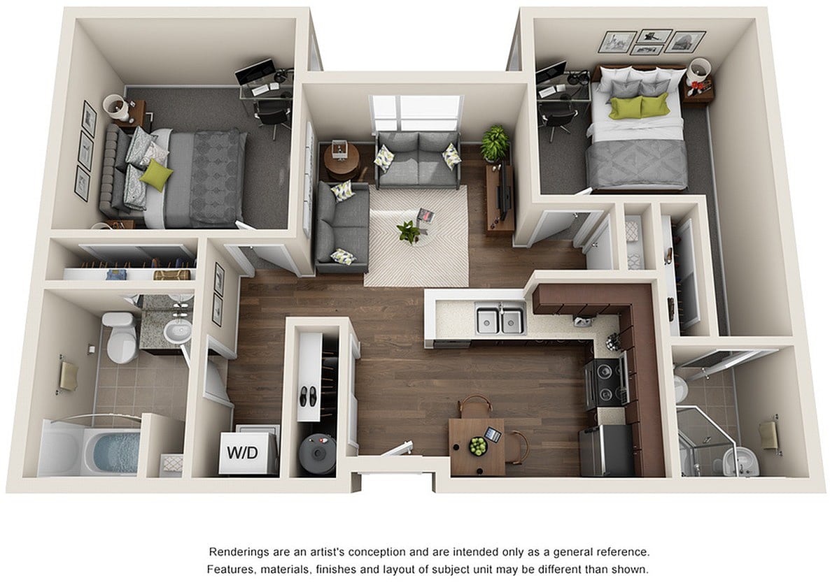 A 3D image of the 2BR/2BA – Pearl floorplan, a 413 squarefoot, 2 bed / 2 bath unit