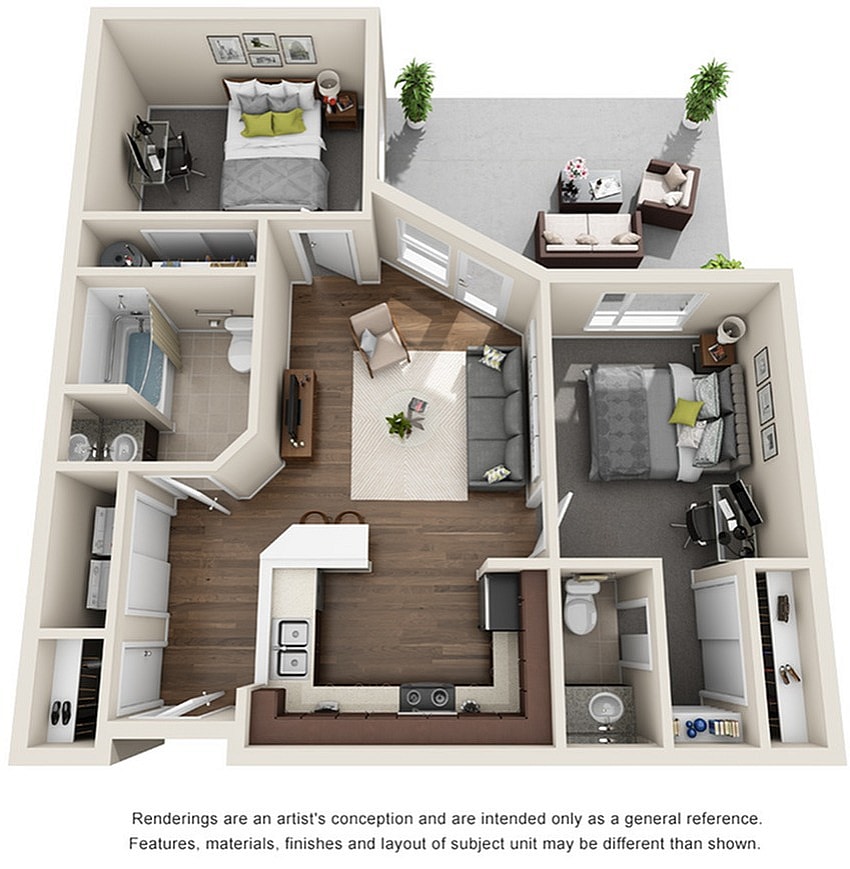 A 3D image of the 2BR/1.5BA – Potter floorplan, a 408 squarefoot, 2 bed / 1.5 bath unit