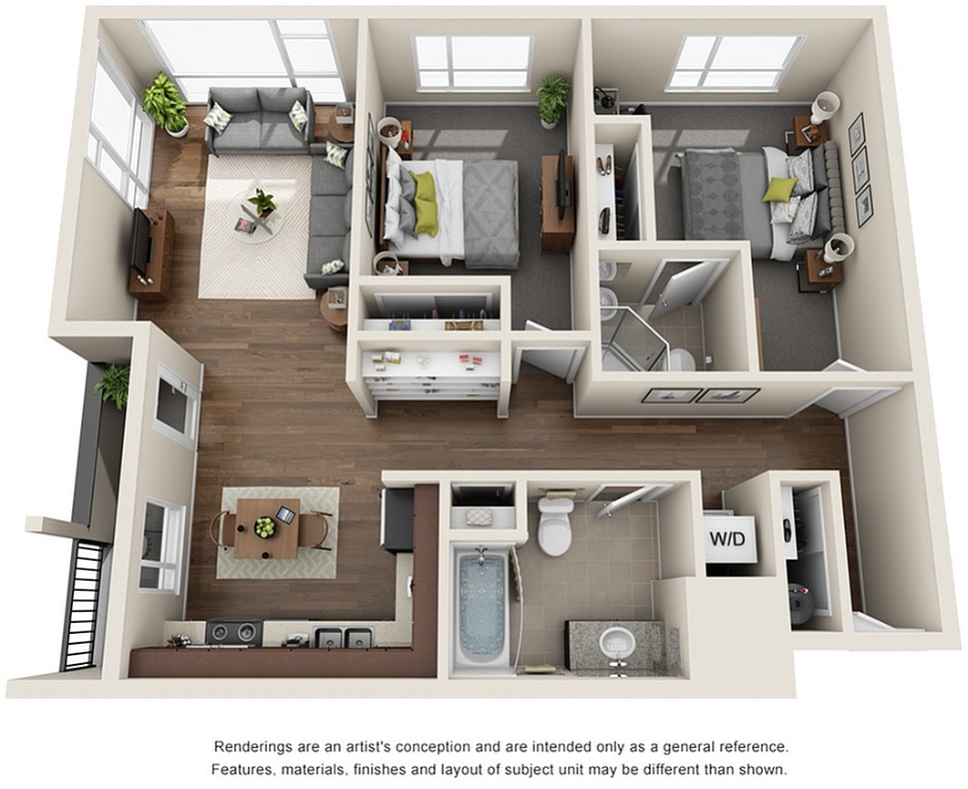 A 3D image of the 2BR/2BA – Emerald floorplan, a 515 squarefoot, 2 bed / 2 bath unit