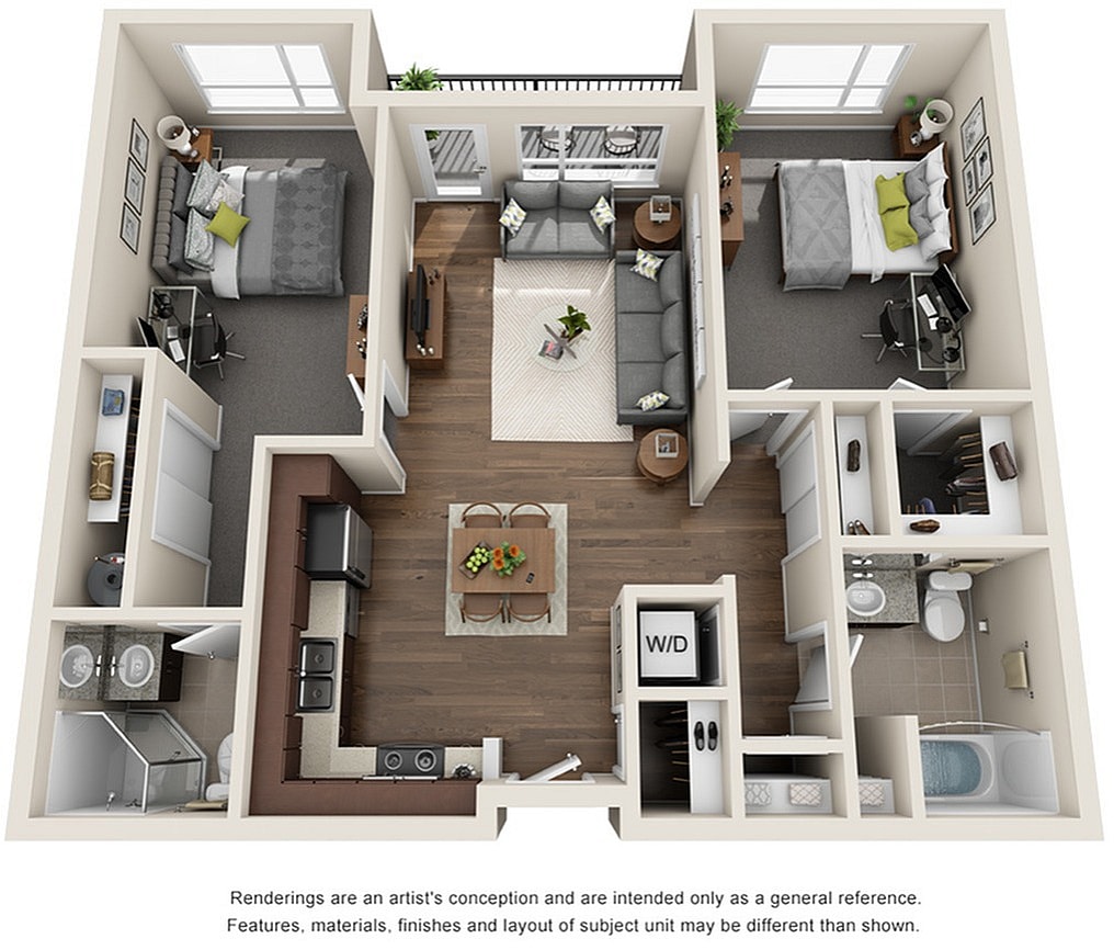 A 3D image of the 2BR/2BA – Friendly floorplan, a 495 squarefoot, 2 bed / 2 bath unit