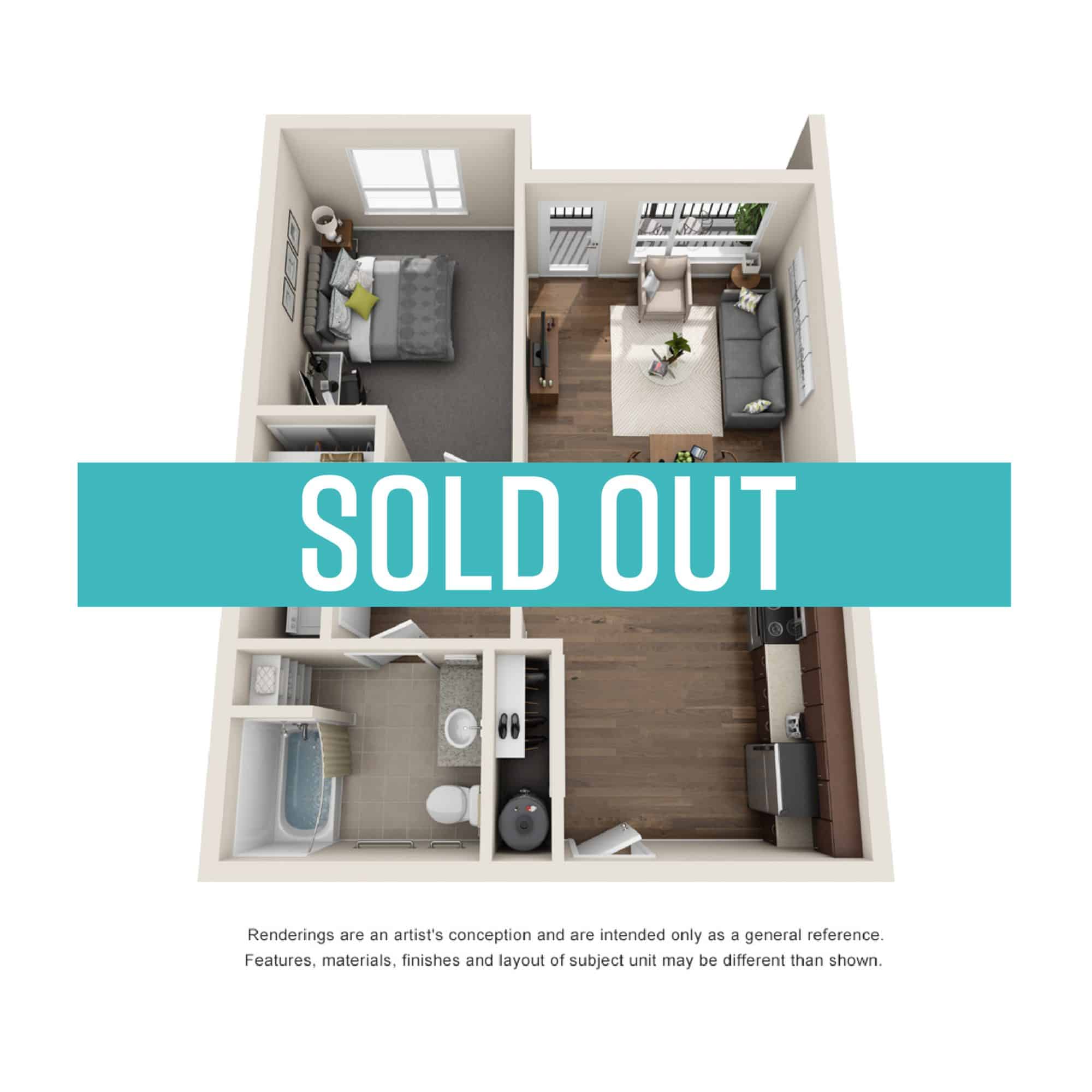 A 3D image of the 1BR/1BA – Monroe floorplan, a 665 squarefoot, 1 bed / 1 bath unit