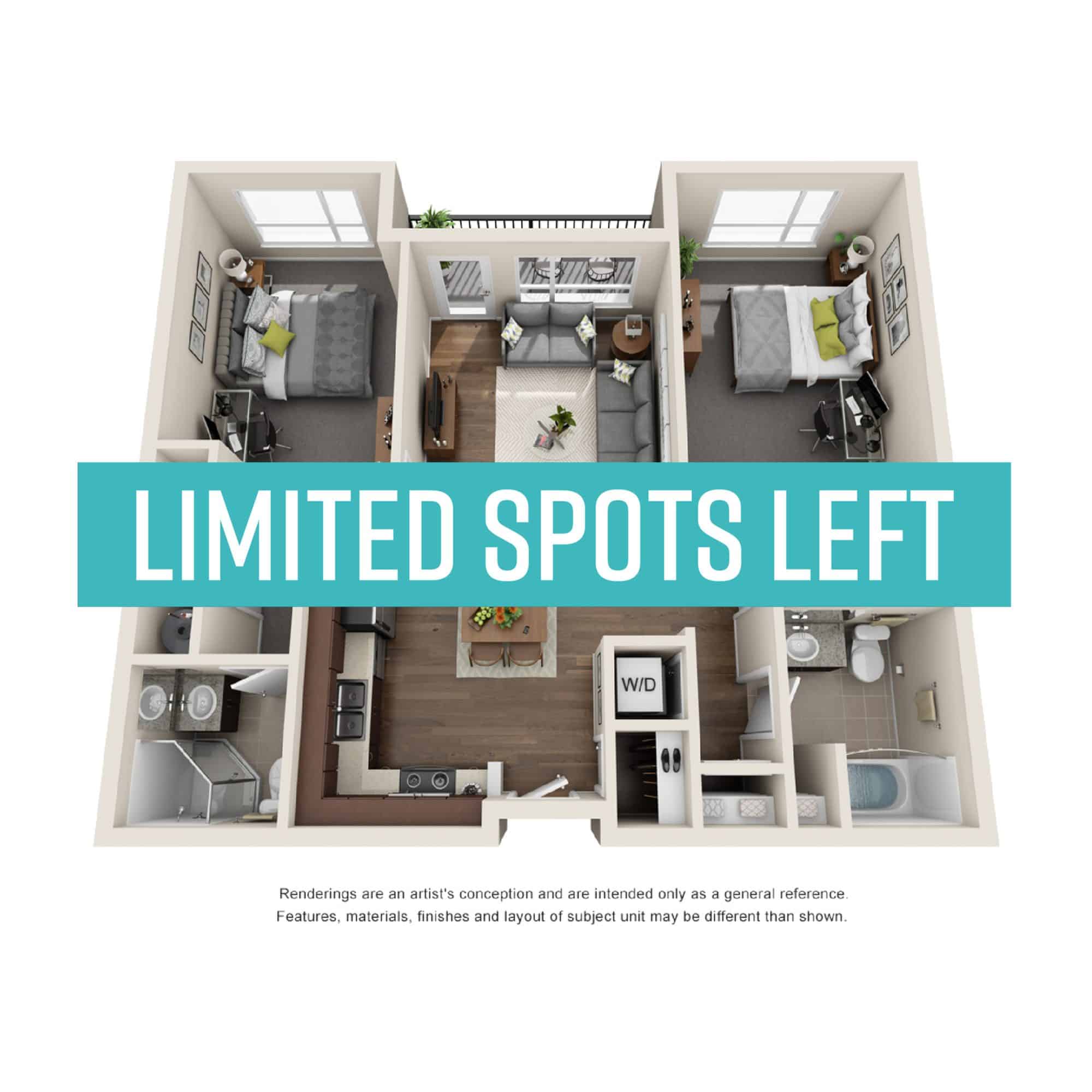 A 3D image of the 2BR/2BA – Friendly floorplan, a 495 squarefoot, 2 bed / 2 bath unit