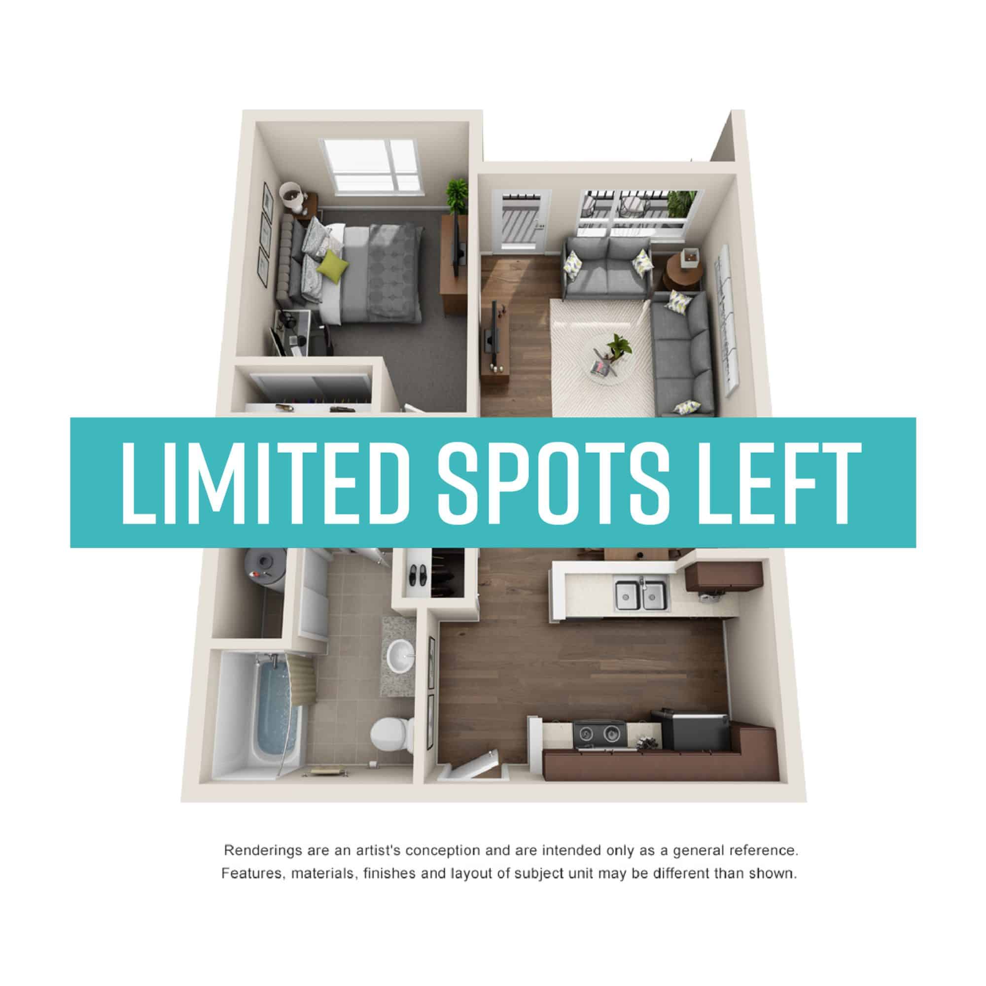 A 3D image of the 1BR/1BA – Olive floorplan, a 665 squarefoot, 1 bed / 1 bath unit