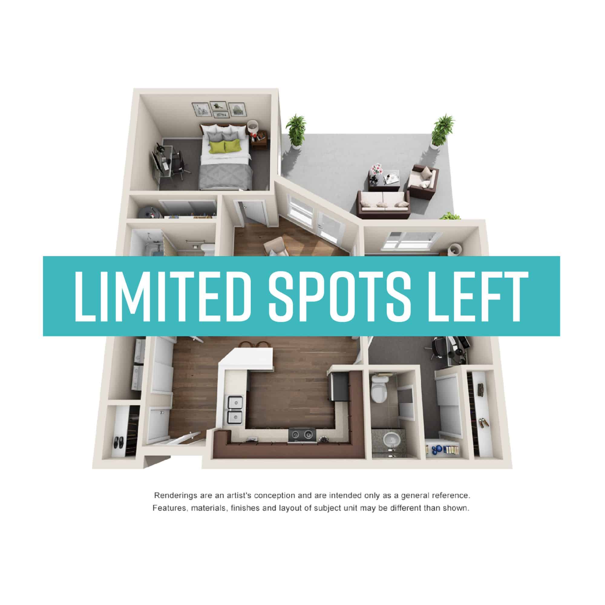 A 3D image of the 2BR/1.5BA – Potter floorplan, a 408 squarefoot, 2 bed / 1.5 bath unit