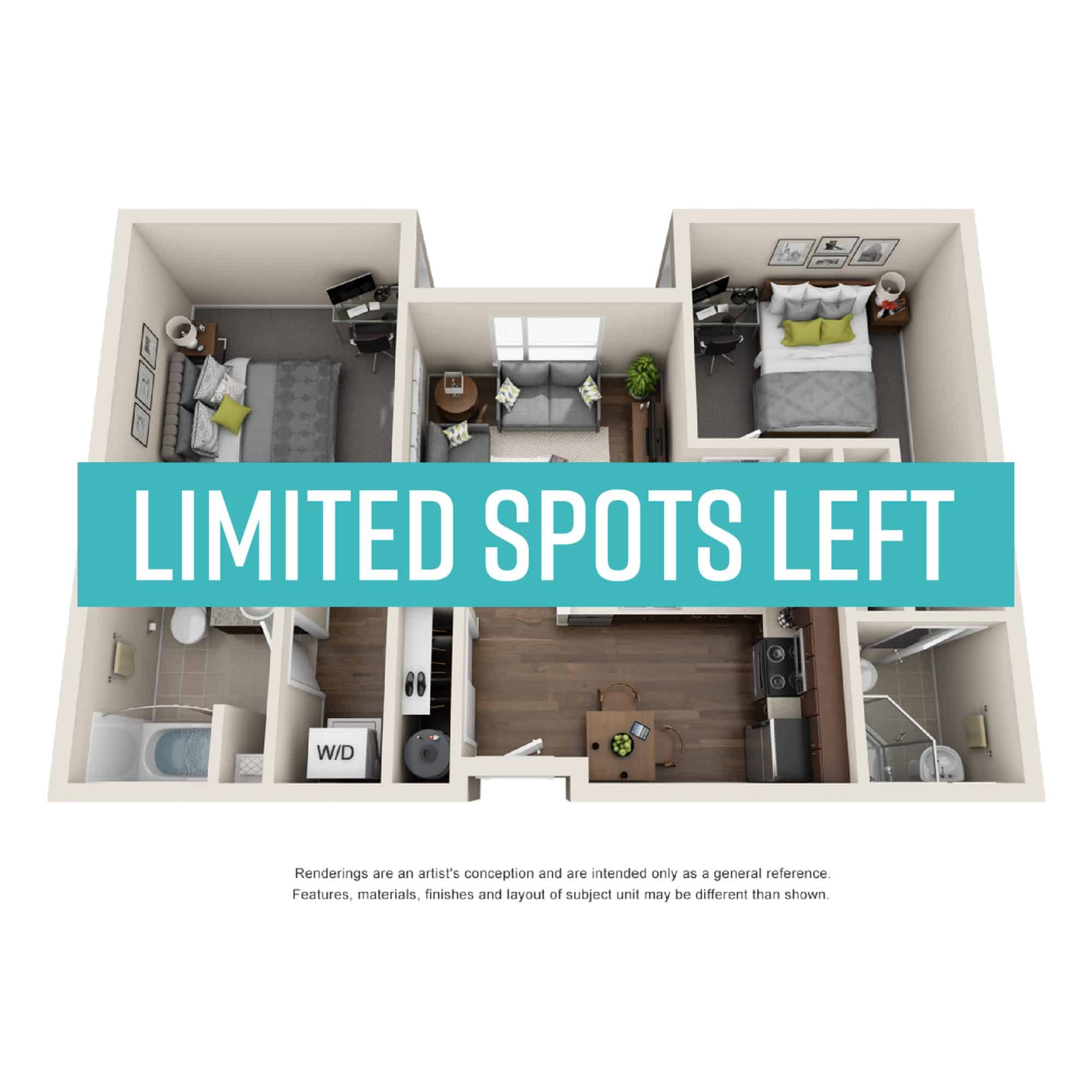 A 3D image of the 2BR/2BA – Pearl floorplan, a 413 squarefoot, 2 bed / 2 bath unit