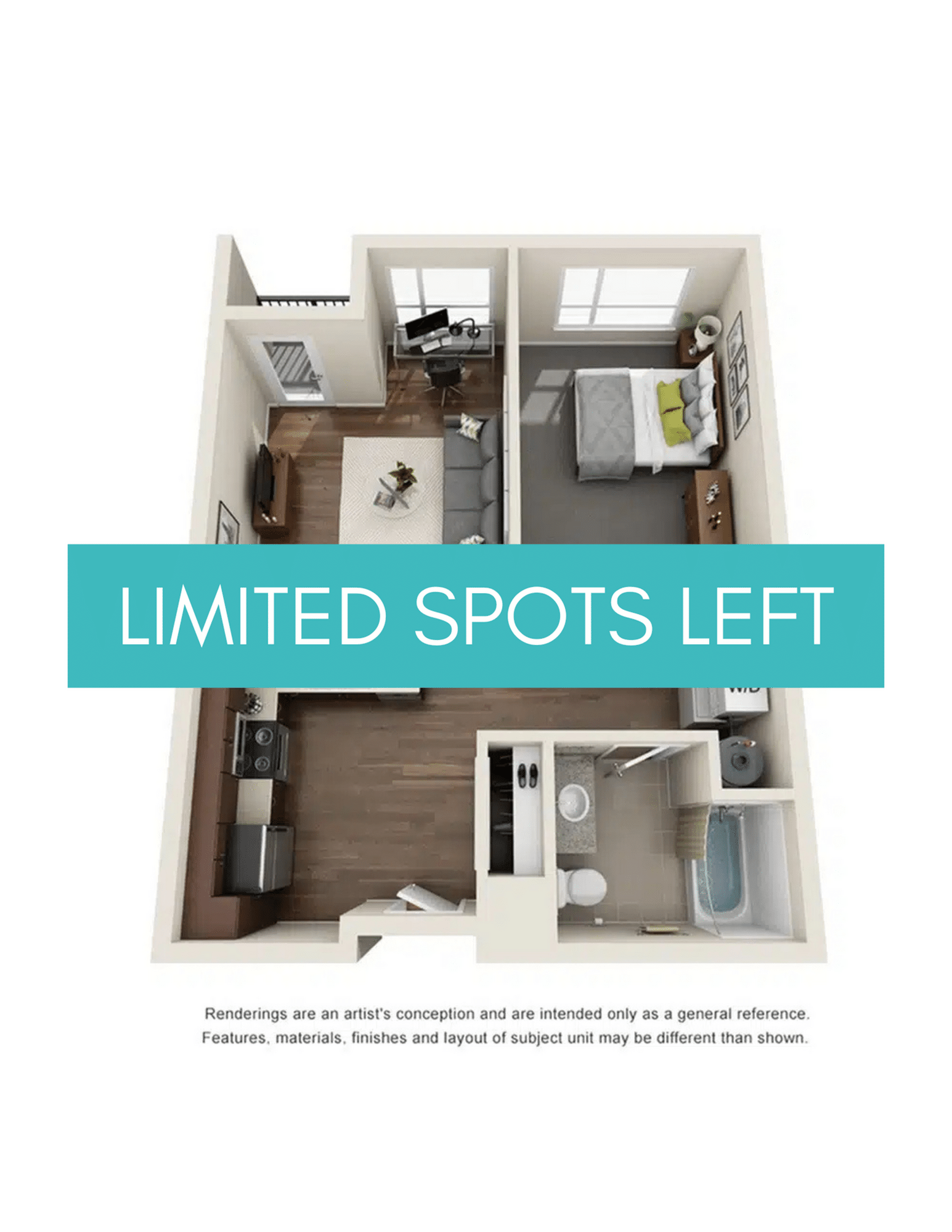 A 3D image of the 1BR/1BA – Cheshire floorplan, a 660 squarefoot, 1 bed / 1 bath unit