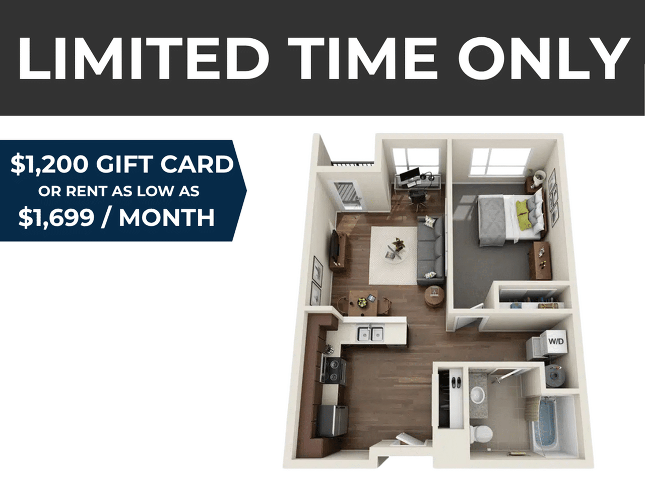 A 3D image of the 1BR/1BA – Cheshire floorplan, a 660 squarefoot, 1 bed / 1 bath unit
