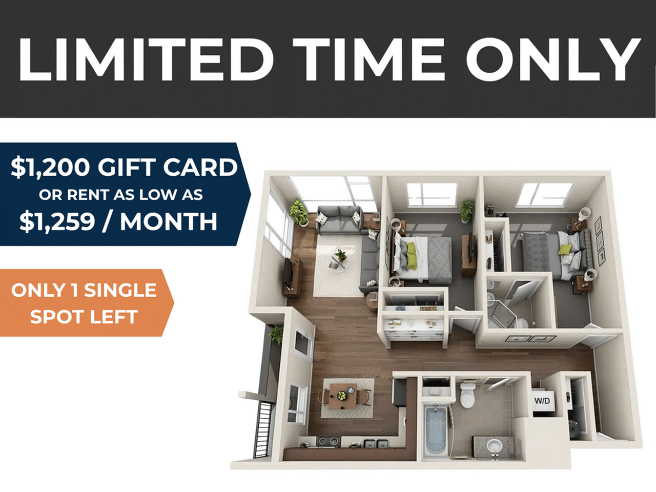 A 3D image of the 2BR/2BA – Emerald floorplan, a 515 squarefoot, 2 bed / 2 bath unit