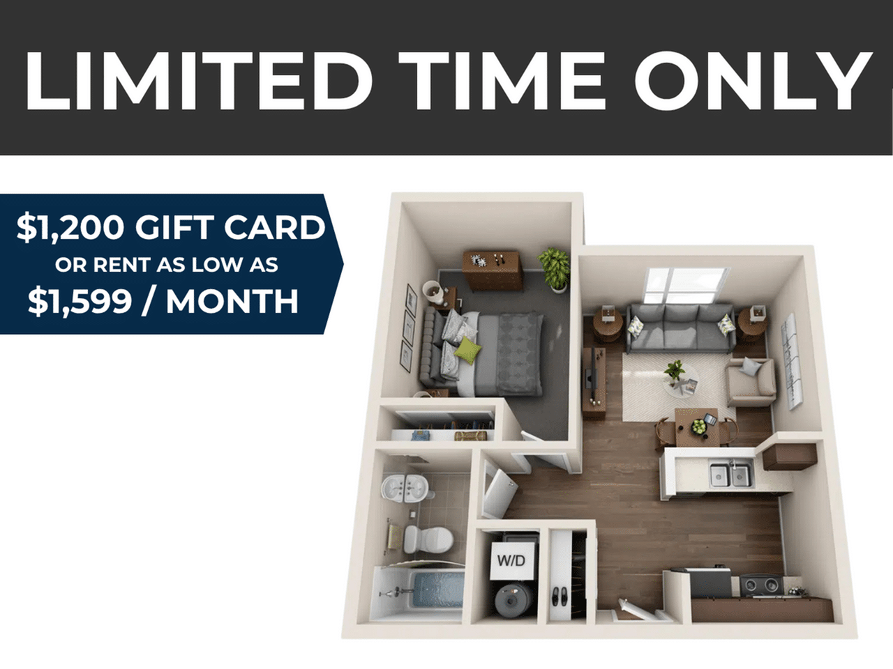 A 3D image of the 1BR/1BA – Ferry floorplan, a 540 squarefoot, 1 bed / 1 bath unit