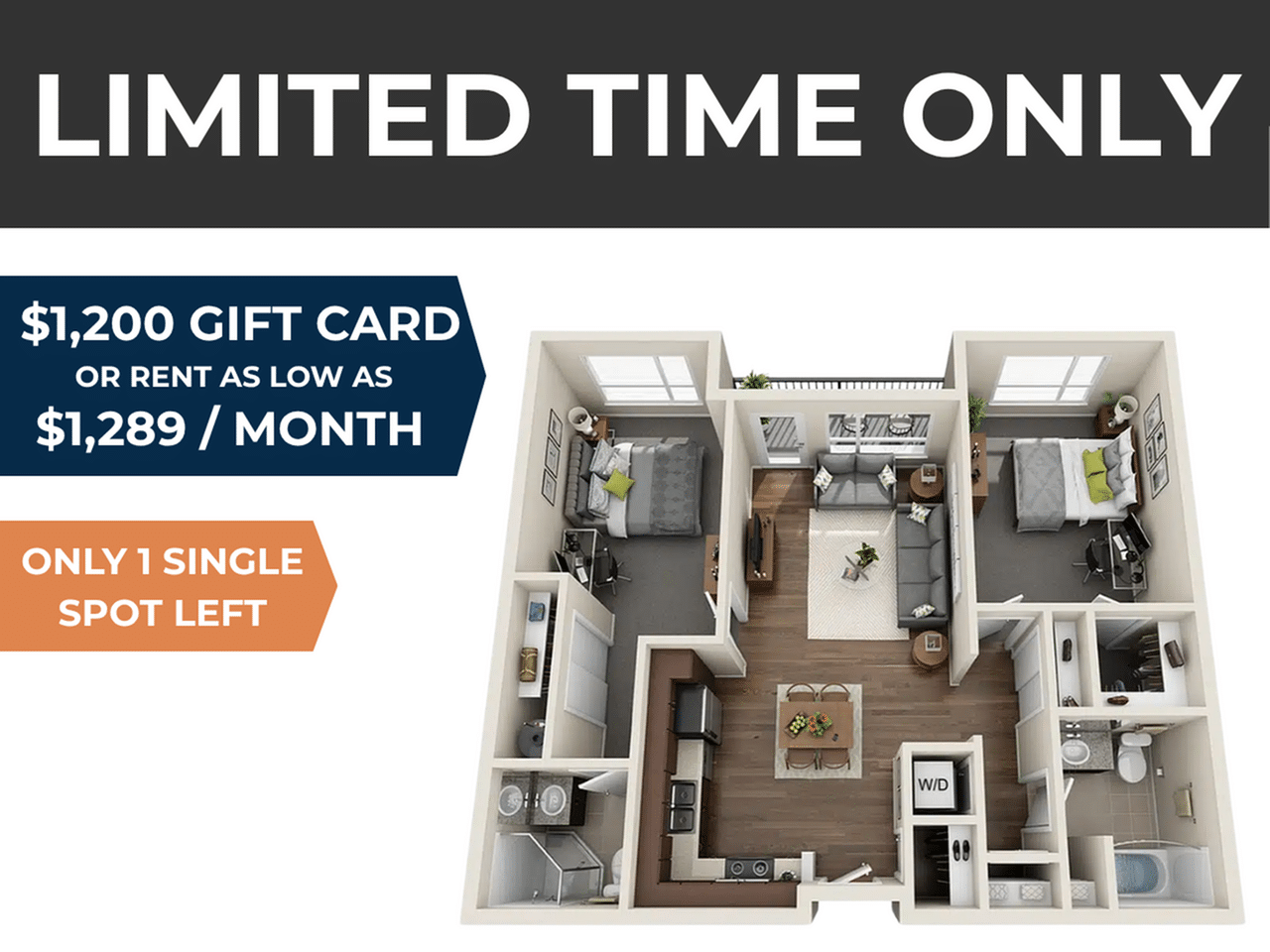 A 3D image of the 2BR/2BA – Friendly floorplan, a 495 squarefoot, 2 bed / 2 bath unit