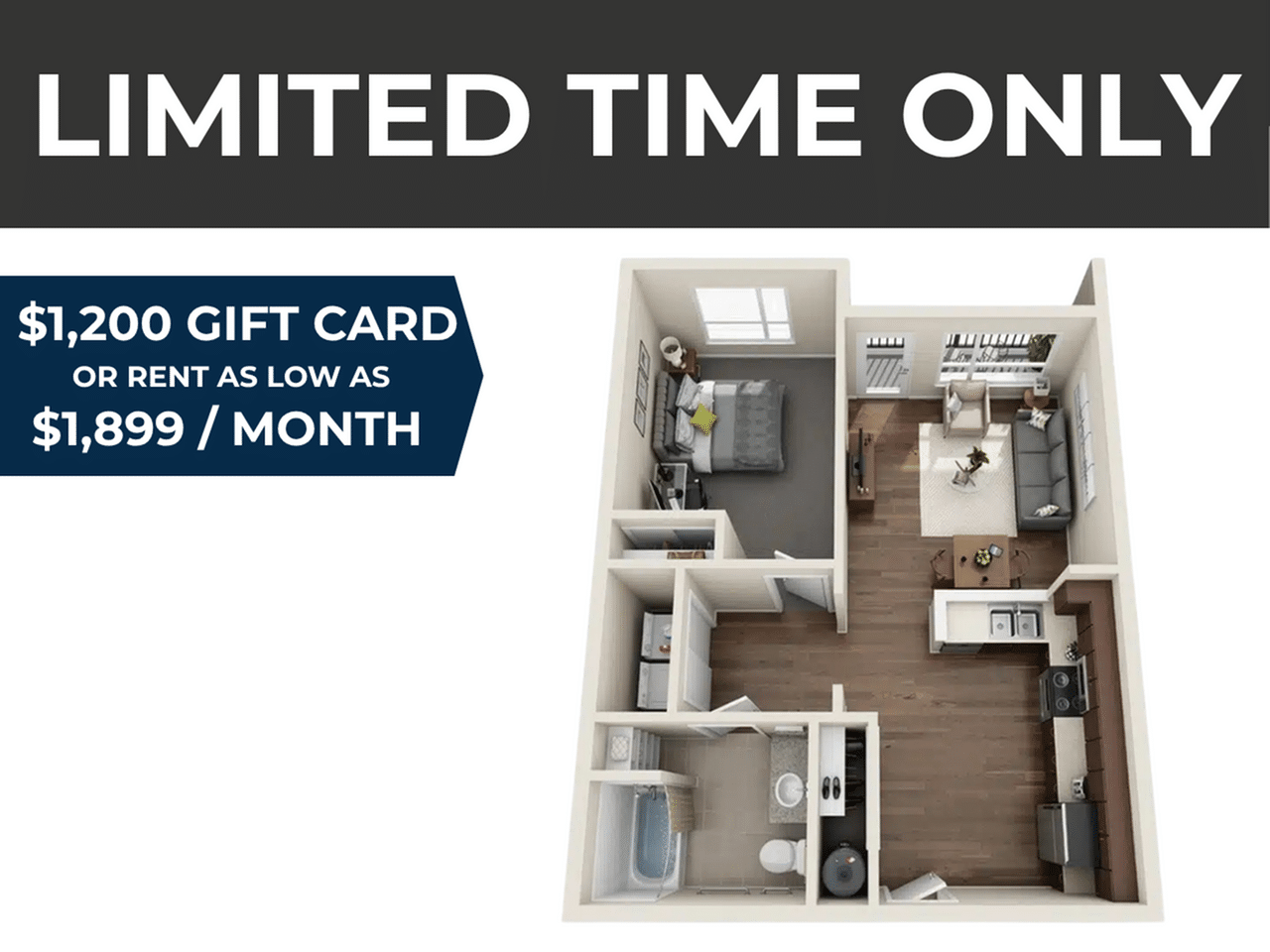 A 3D image of the 1BR/1BA – Olive floorplan, a 665 squarefoot, 1 bed / 1 bath unit