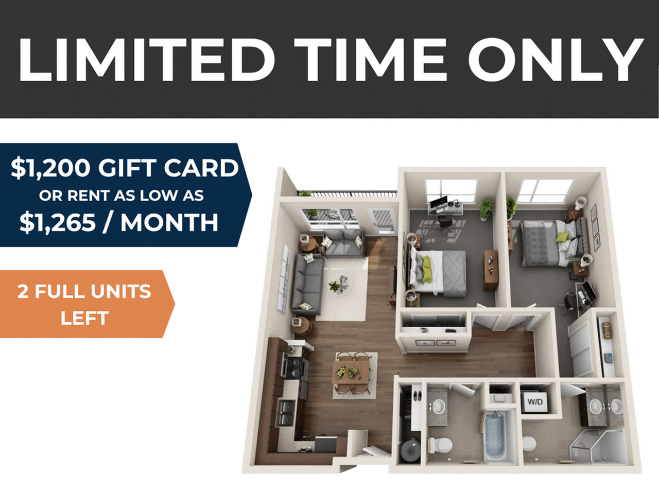 A 3D image of the 2BR/2BA – Onyx floorplan, a 495 squarefoot, 2 bed / 2 bath unit