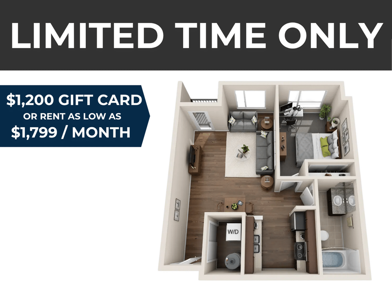 A 3D image of the 1BR/1BA – Orchard floorplan, a 670 squarefoot, 1 bed / 1 bath unit