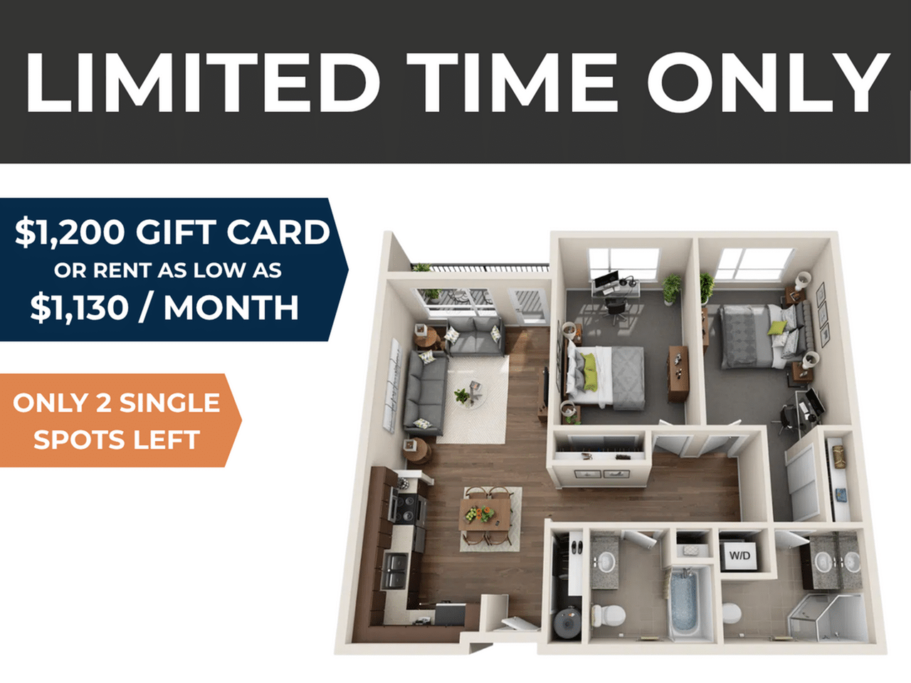 A 3D image of the 2BR/2BA – Pearl floorplan, a 413 squarefoot, 2 bed / 2 bath unit
