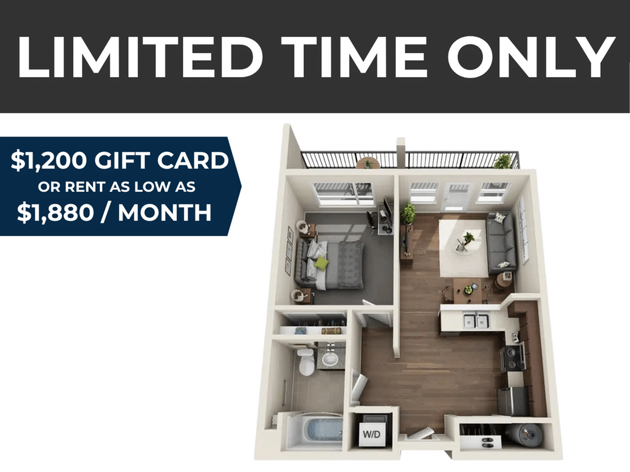 A 3D image of the 1BR/1BA – Agate floorplan, a 575 squarefoot, 1 bed / 1 bath unit