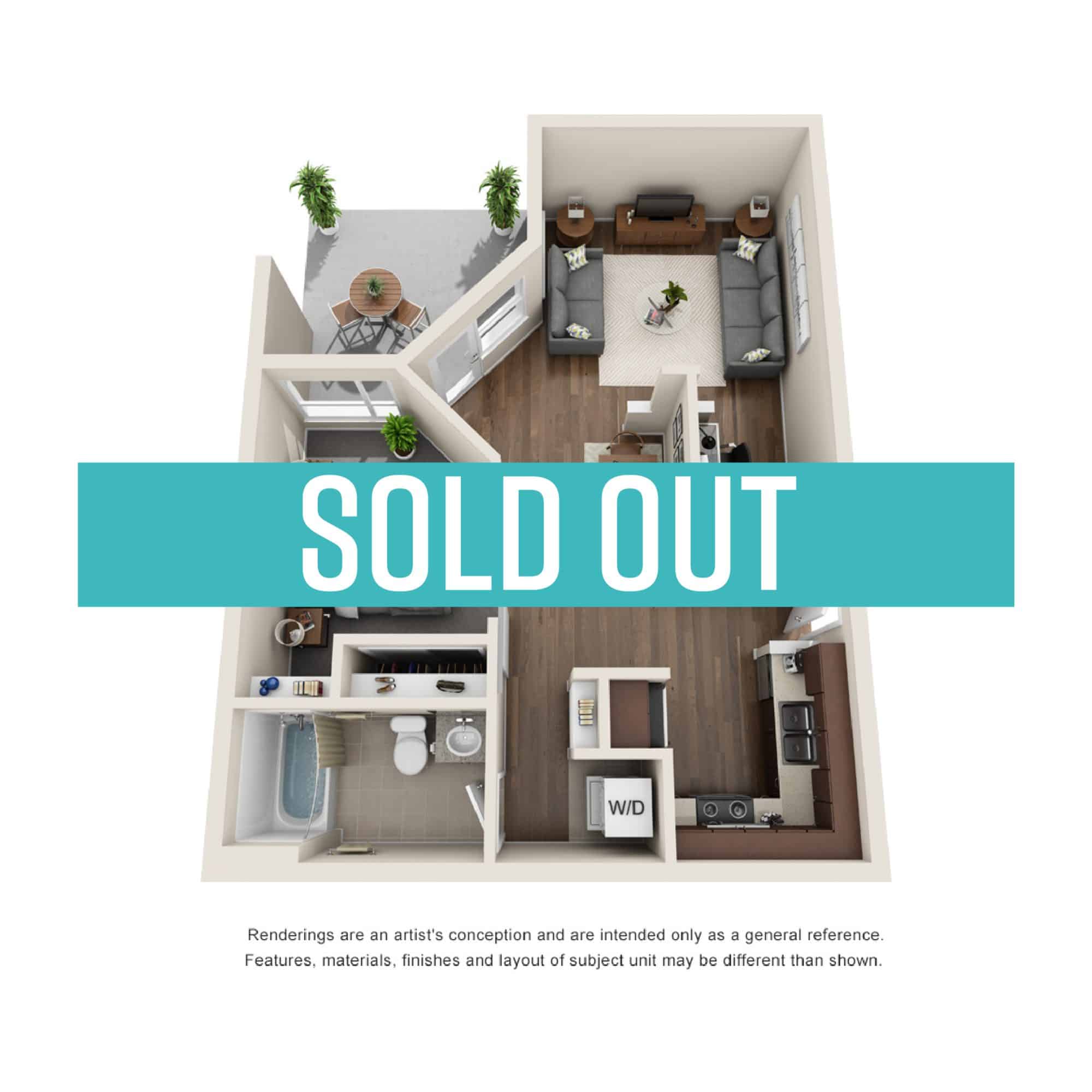 A 3D image of the 1BR/1BA – Broadway floorplan, a 700 squarefoot, 1 bed / 1 bath unit