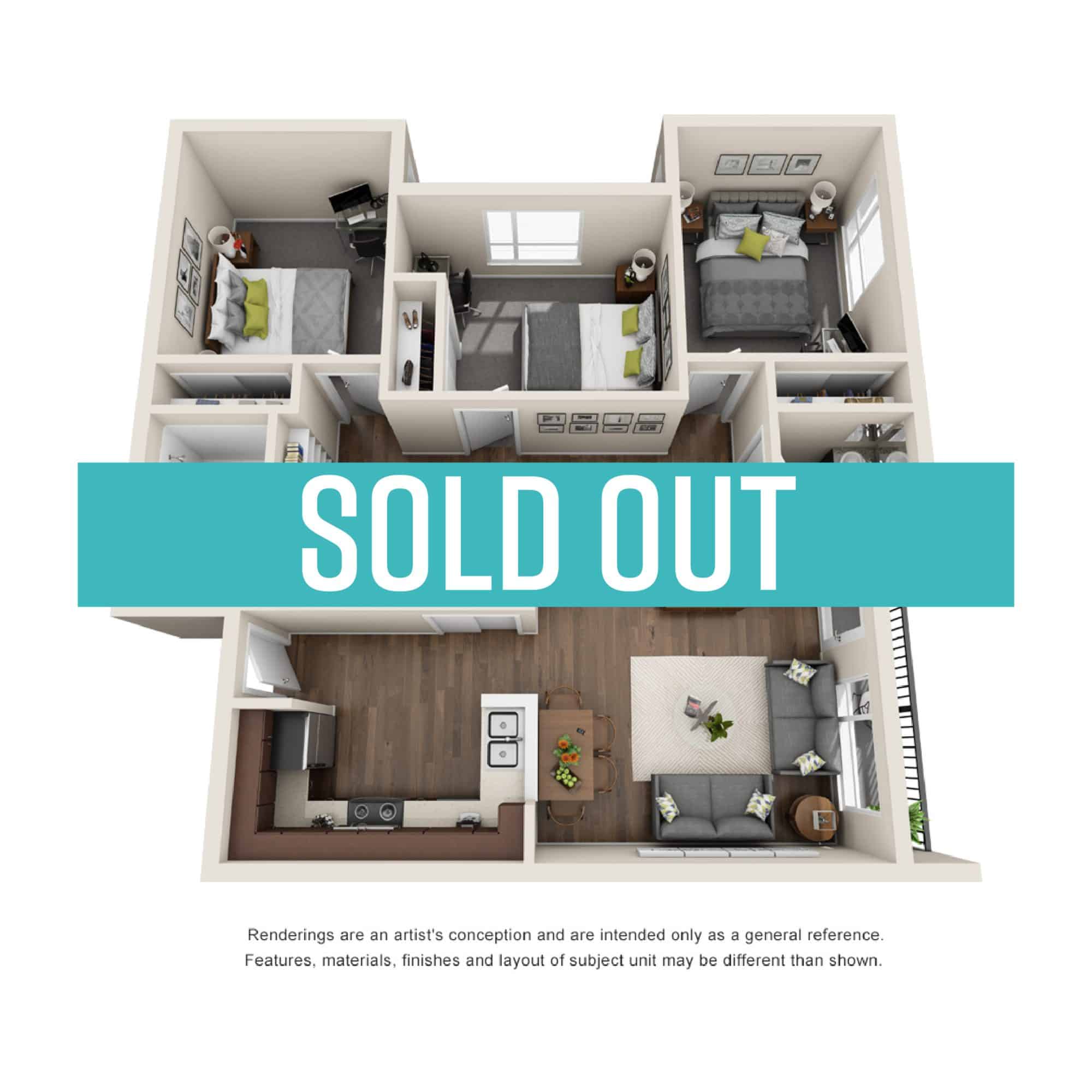 A 3D image of the 3BR/2BA – Amazon floorplan, a 1080 squarefoot, 3 bed / 2 bath unit