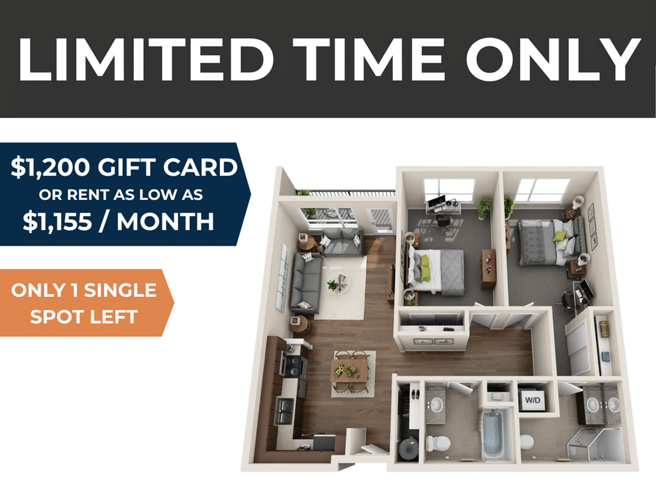 A 3D image of the 2BR/1.5BA – Potter floorplan, a 408 squarefoot, 2 bed / 1.5 bath unit