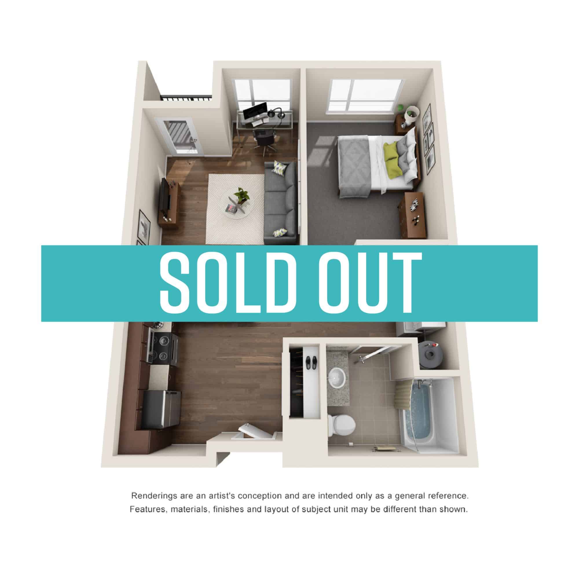 A 3D image of the 1BR/1BA – Cheshire floorplan, a 660 squarefoot, 1 bed / 1 bath unit