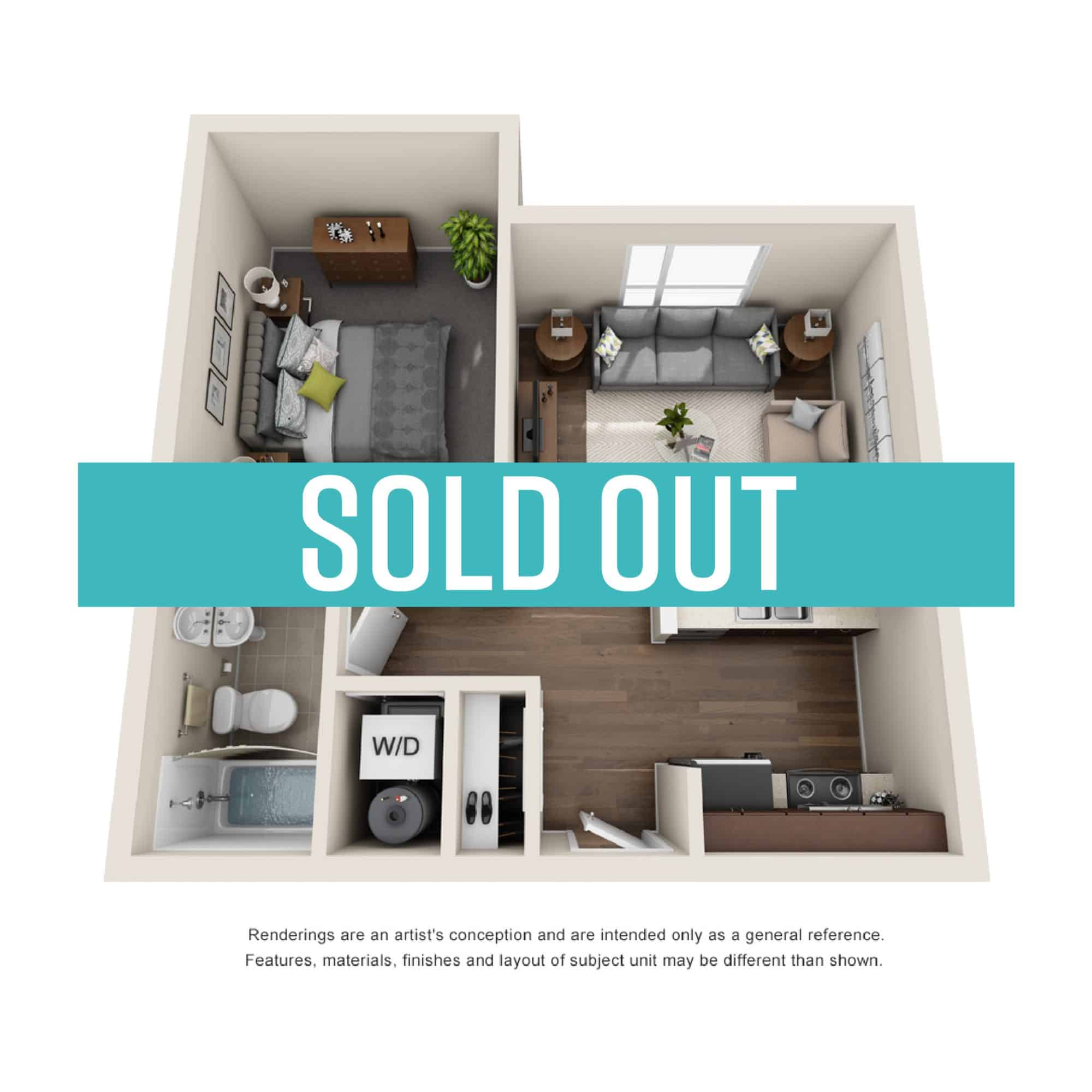 A 3D image of the 1BR/1BA – Ferry floorplan, a 540 squarefoot, 1 bed / 1 bath unit