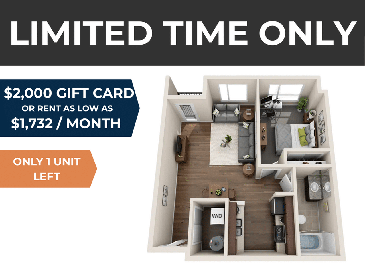 A 3D image of the 1BR/1BA – Orchard floorplan, a 670 squarefoot, 1 bed / 1 bath unit
