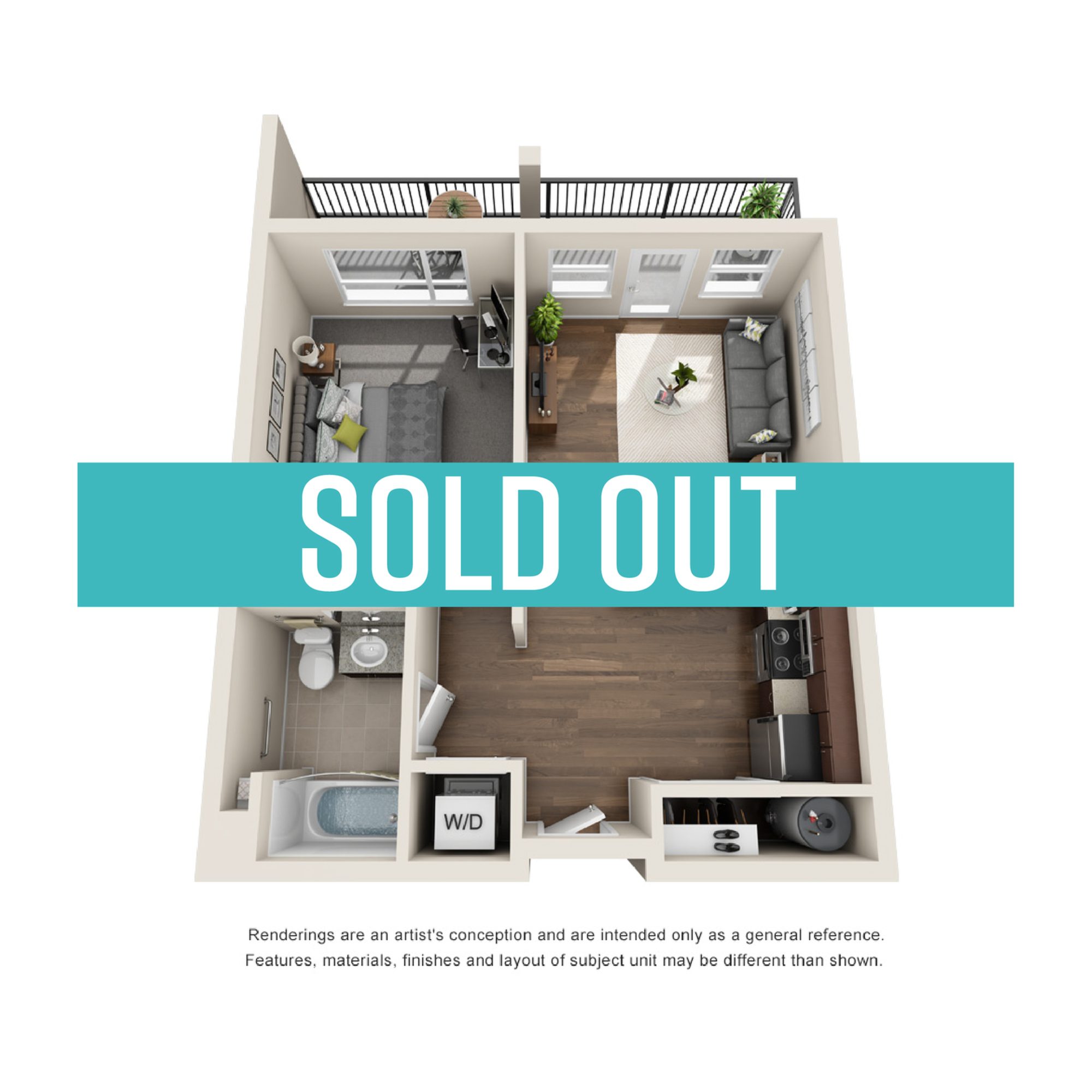 A 3D image of the 1BR/1BA – Agate floorplan, a 575 squarefoot, 1 bed / 1 bath unit