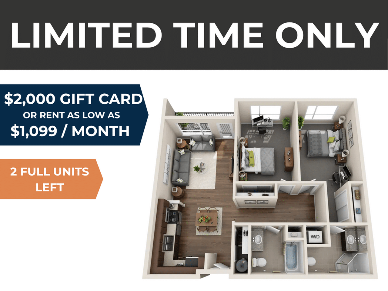 A 3D image of the 2BR/2BA – Onyx floorplan, a 495 squarefoot, 2 bed / 2 bath unit