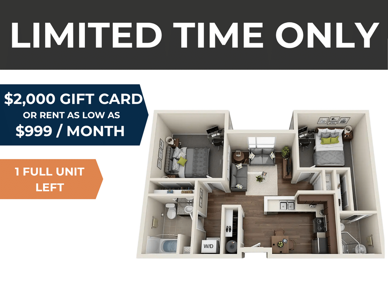 A 3D image of the 2BR/2BA – Pearl floorplan, a 413 squarefoot, 2 bed / 2 bath unit